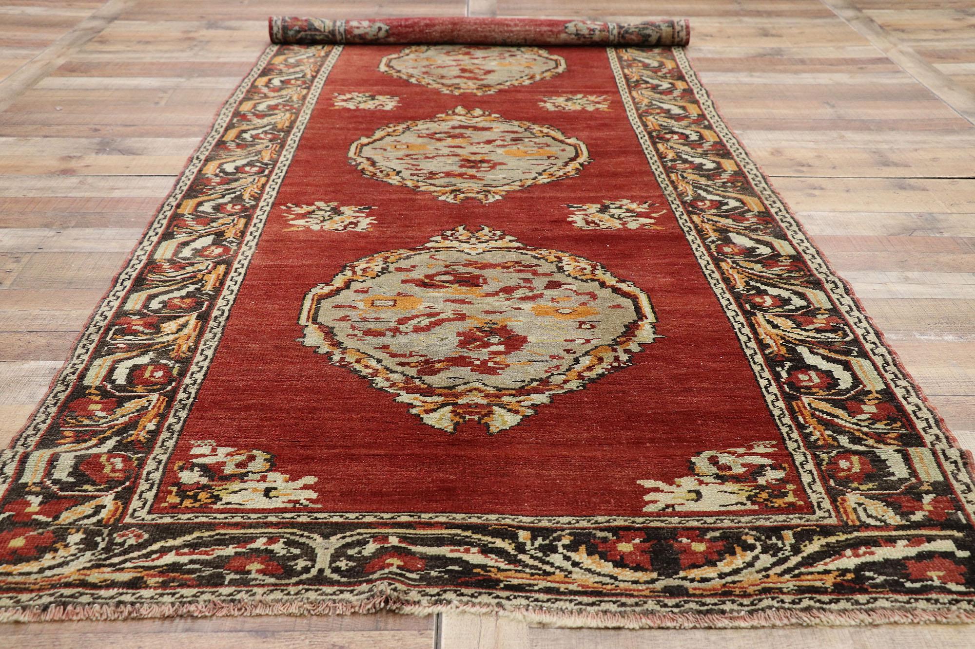 Vintage Turkish Oushak Hallway Runner with Neoclassical Art Nouveau Style For Sale 1