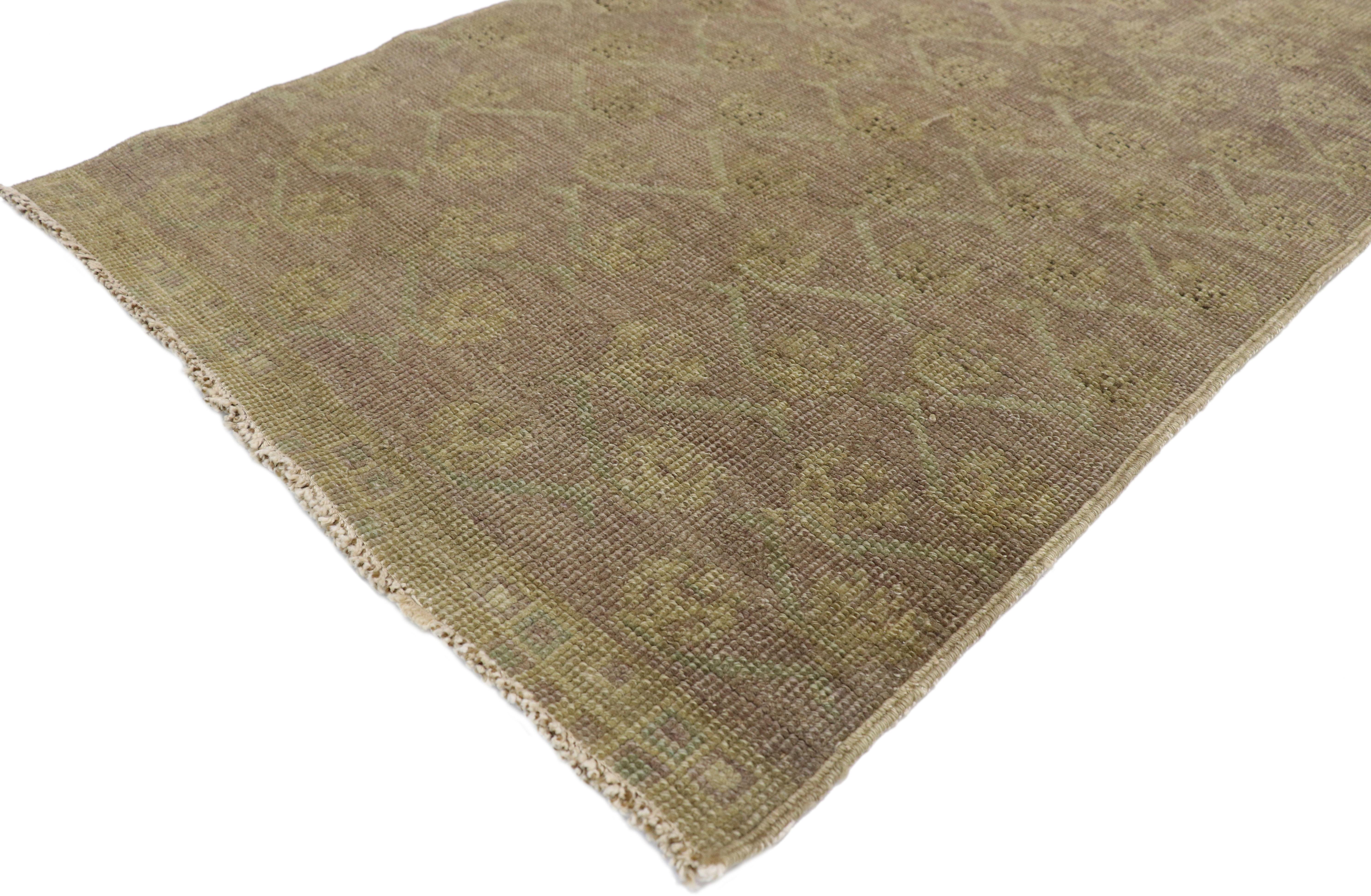 50832 Vintage Turkish Oushak Runner with French Country Cottage Style, Hallway Runner. With it's soft pastel color palette and delicate details, this hand-knotted wool vintage Turkish Oushak runner beautifully showcases French Country cottage style.