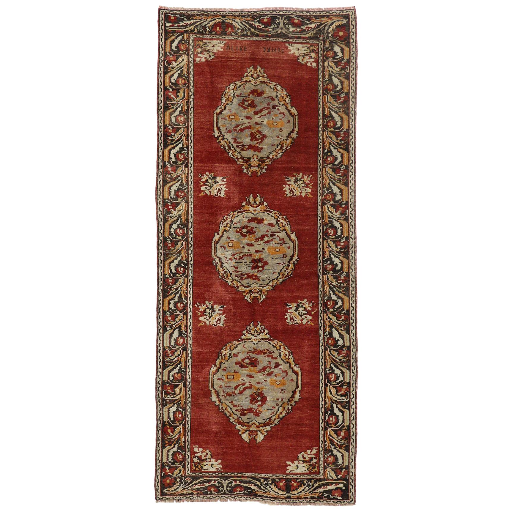 Vintage Turkish Oushak Hallway Runner with Neoclassical Art Nouveau Style For Sale