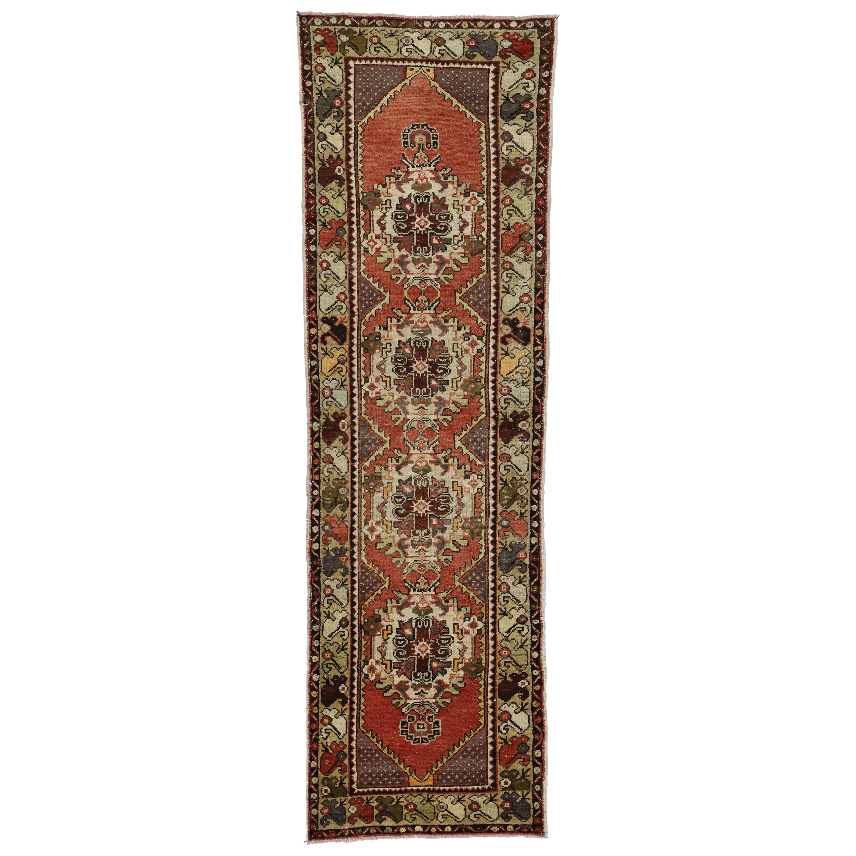 Vintage Turkish Oushak Runner with Jacobean Style, Hallway Runner For Sale