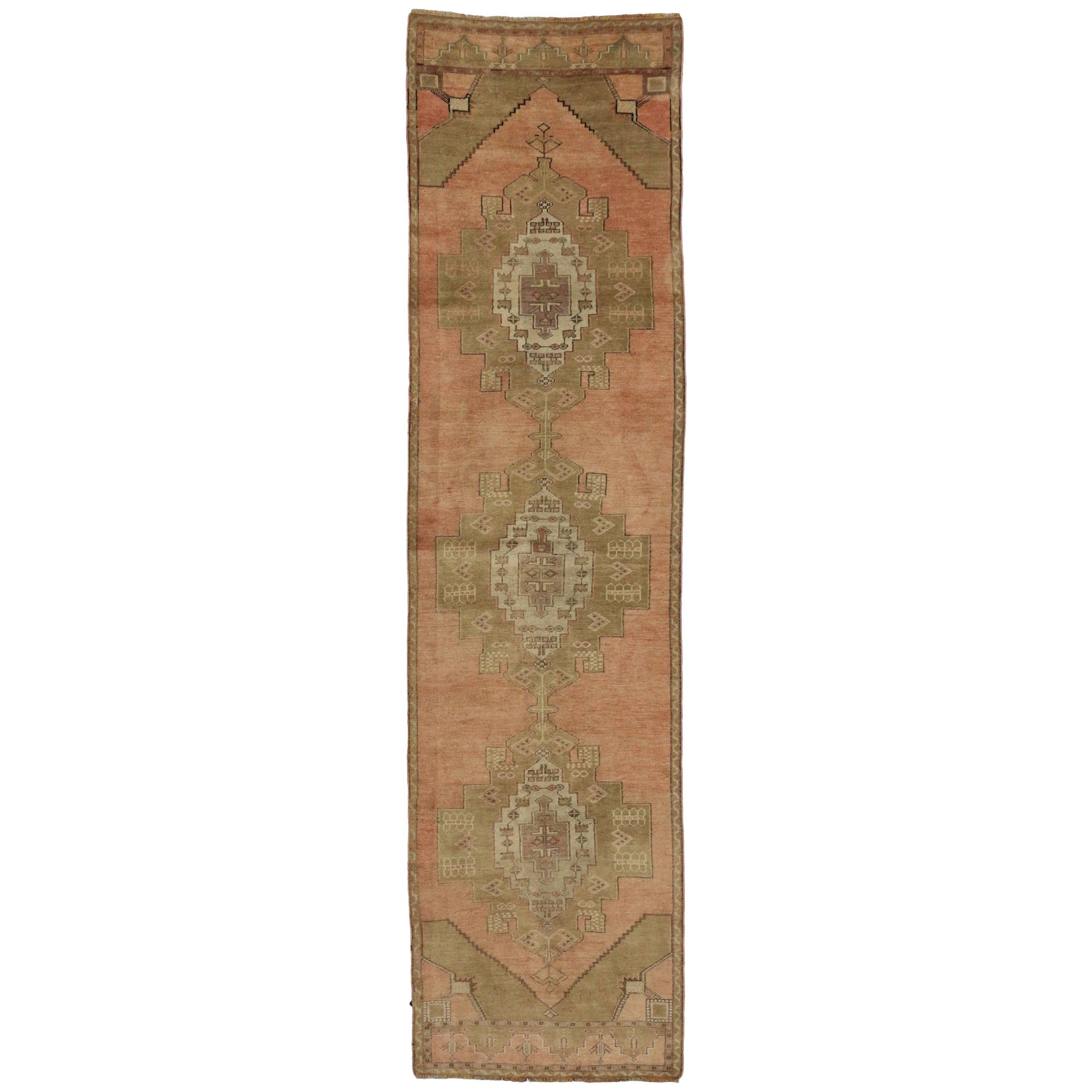 Vintage Turkish Oushak Runner, Hallway Runner with Tribal Style, Soft Colors