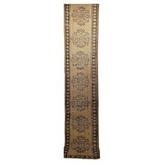 Vintage Turkish Oushak Runner, Hand-Knotted Wool Pile, Ivory & Green, 3' x 11'