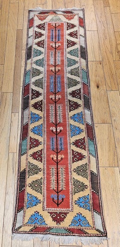 Vintage Turkish Oushak Runner, Handwoven Wool Pile, Geometric Design, 3' x 9'