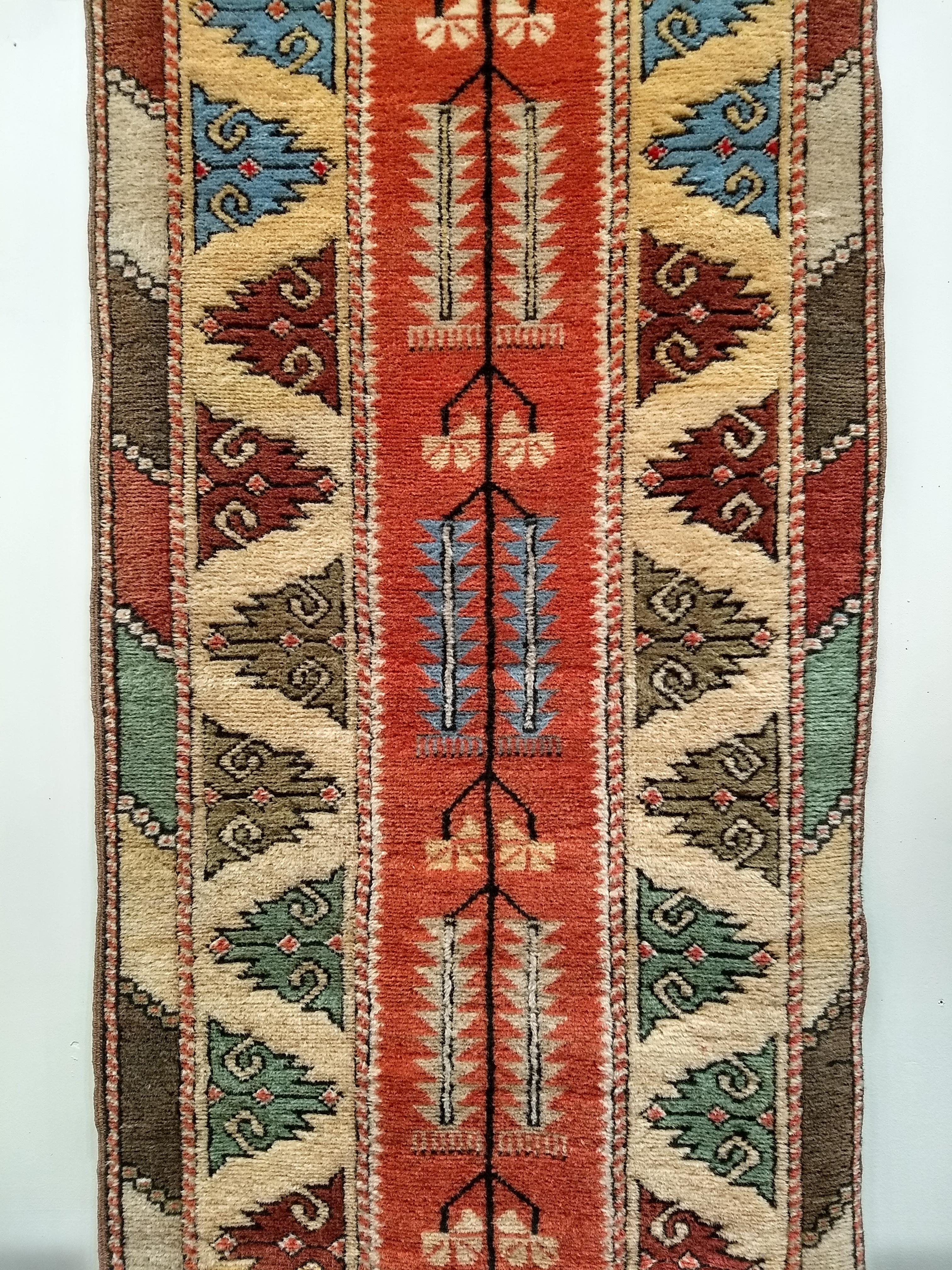 Vegetable Dyed Vintage Turkish Oushak Runner in a Terracotta Red and Pale Yellow Colors For Sale