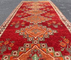 Vintage Turkish Oushak Runner in Beautiful Royal Red, Light Blue/Gray and Orange