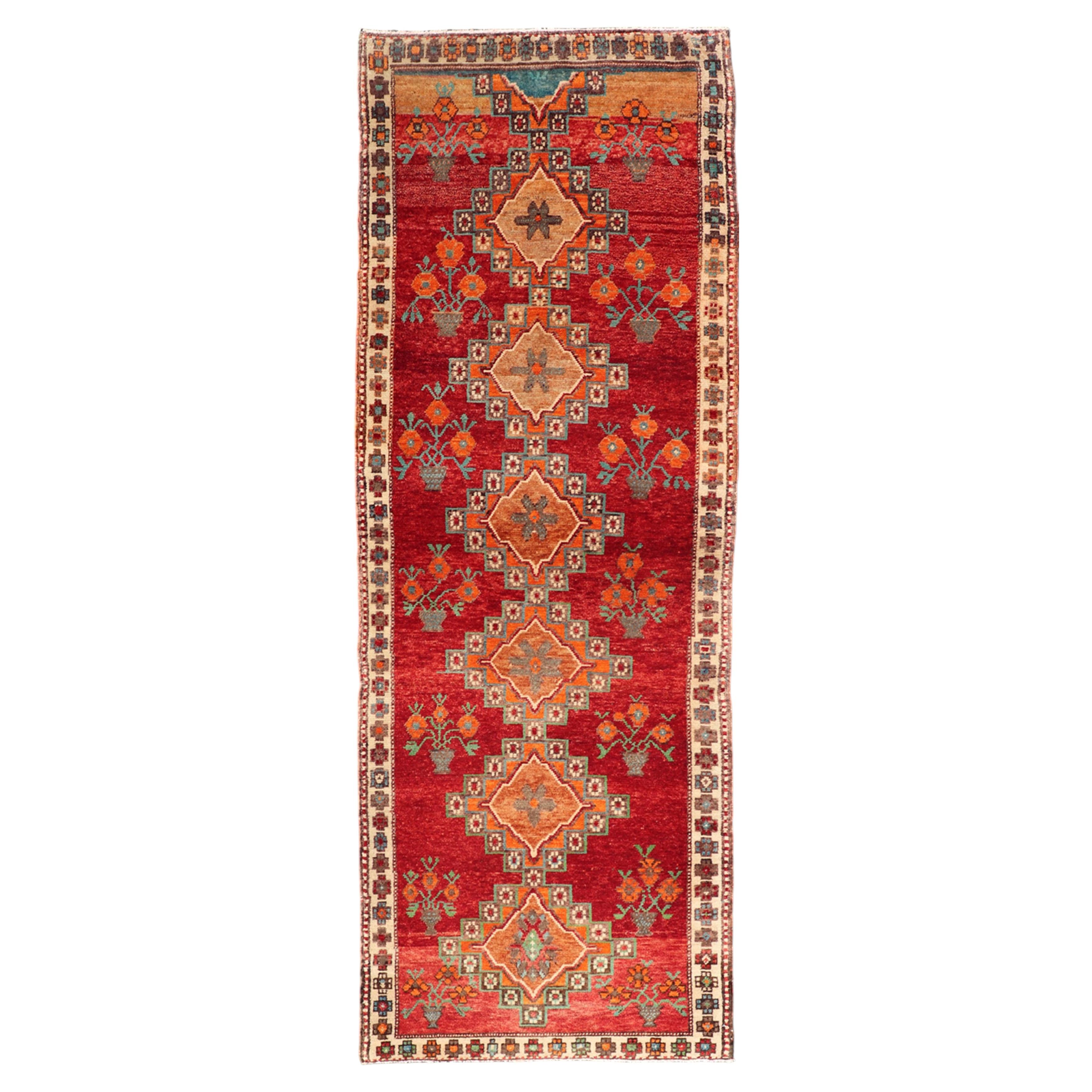 Vintage Turkish Oushak Runner in Beautiful Royal Red, Light Blue/Gray and Orange