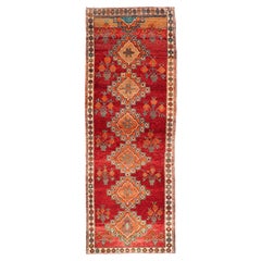 Vintage Turkish Oushak Runner in Beautiful Royal Red, Light Blue/Gray and Orange