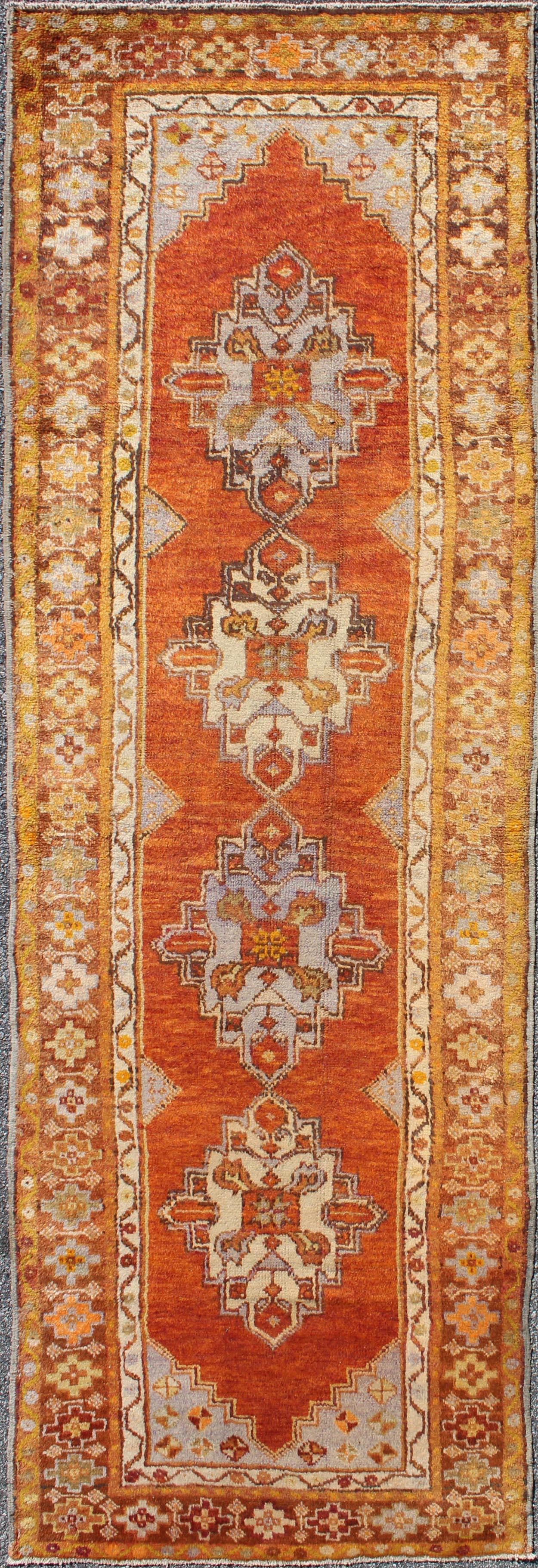 Vintage Turkish Oushak Runner in Burnt Orange, Soft Lavender, and Golden Beige For Sale 1