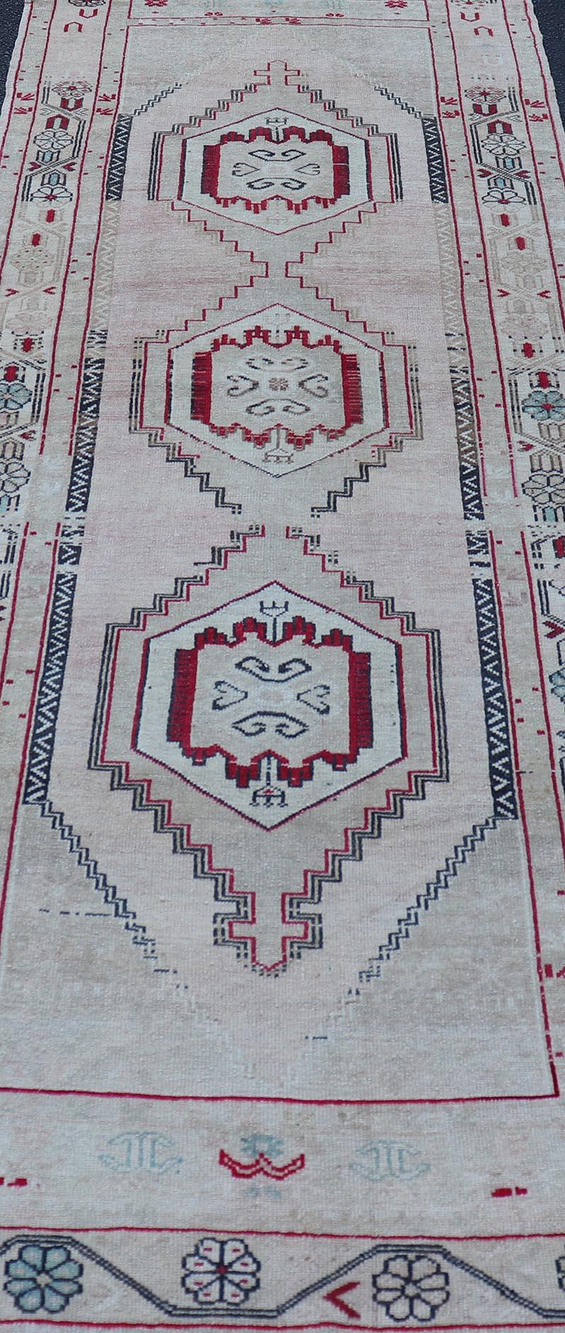 Vintage Turkish Oushak Runner in Cream, Dark Blue, Pink and Red For Sale 2