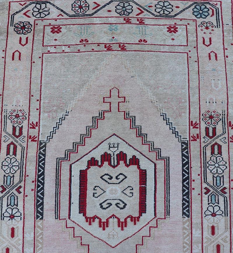 Vintage Turkish Oushak Runner in Cream, Dark Blue, Pink and Red For Sale 3
