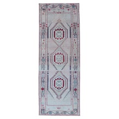 Vintage Turkish Oushak Runner in Cream, Dark Blue, Pink and Red