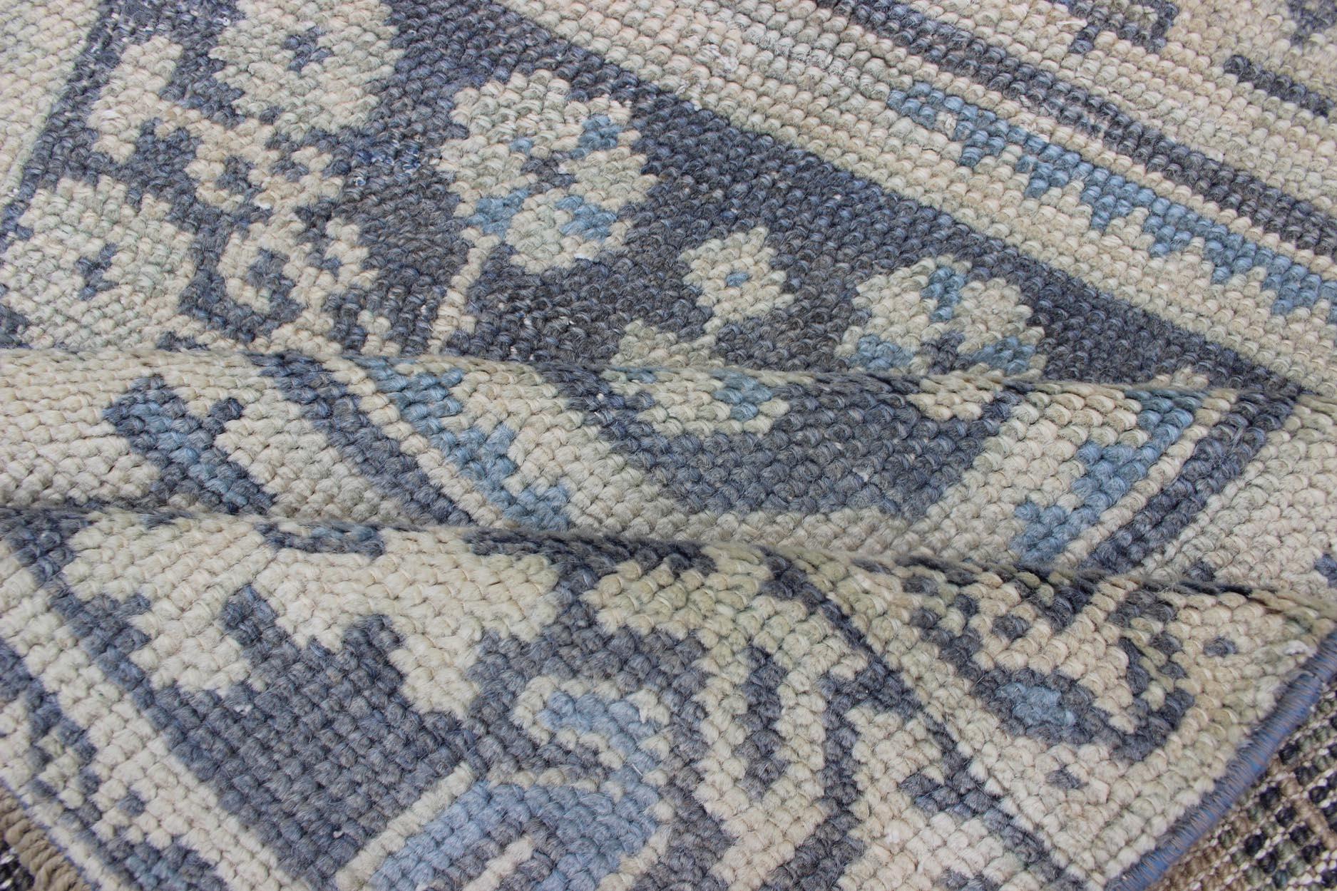 Vintage Turkish Oushak Runner in Faded Blue in Neutral Background For Sale 4
