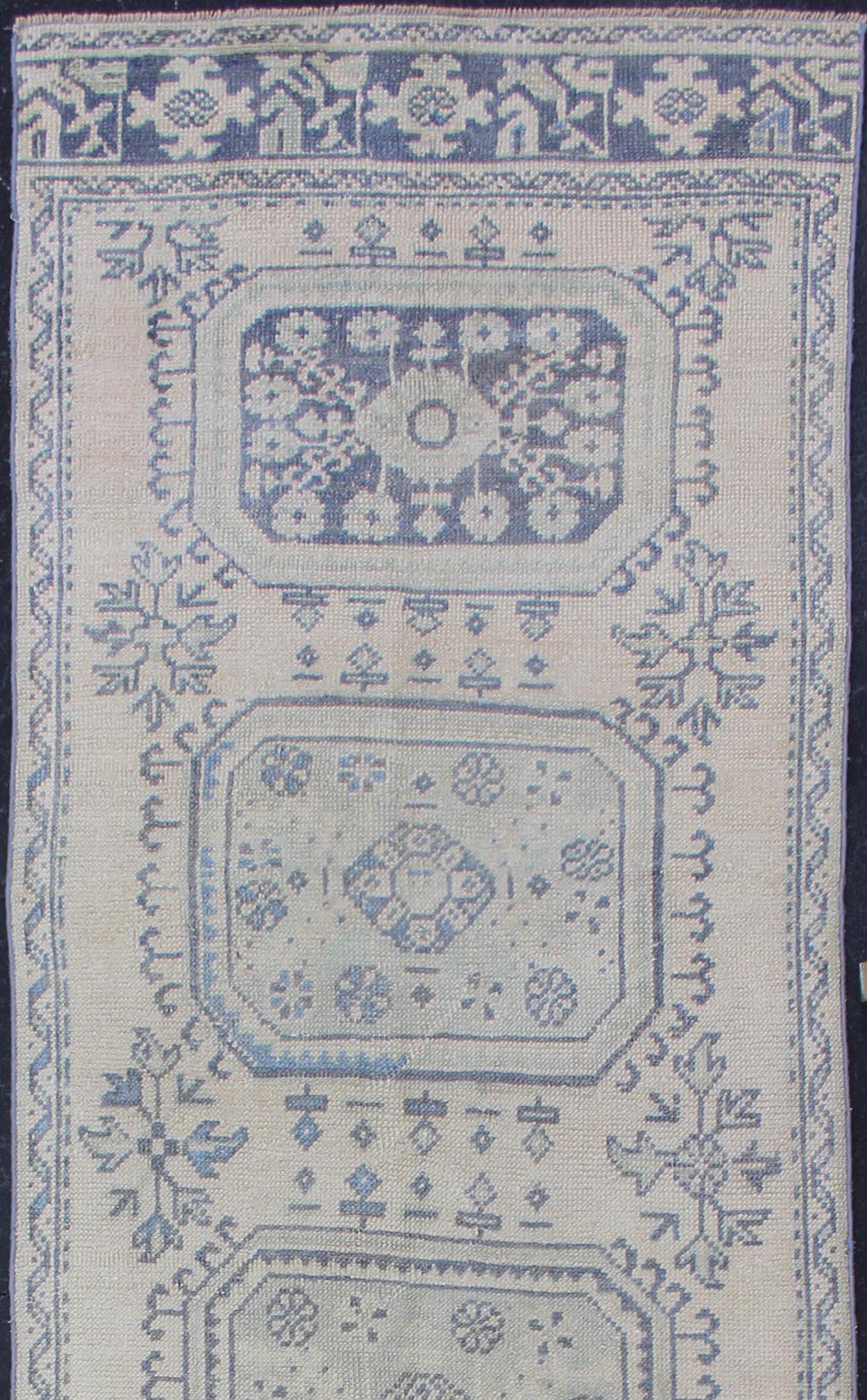 Vintage Turkish Oushak Runner in Faded Blue in Neutral Background In Good Condition For Sale In Atlanta, GA