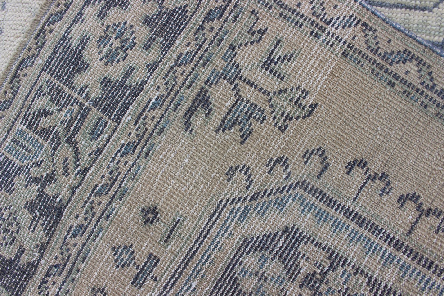 20th Century Vintage Turkish Oushak Runner in Faded Blue in Neutral Background For Sale