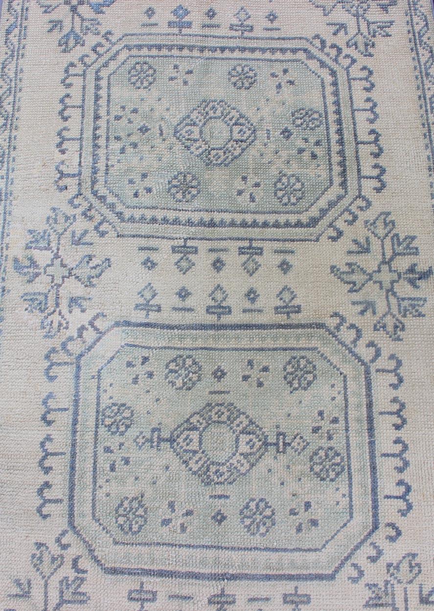 Vintage Turkish Oushak Runner in Faded Blue in Neutral Background For Sale 1
