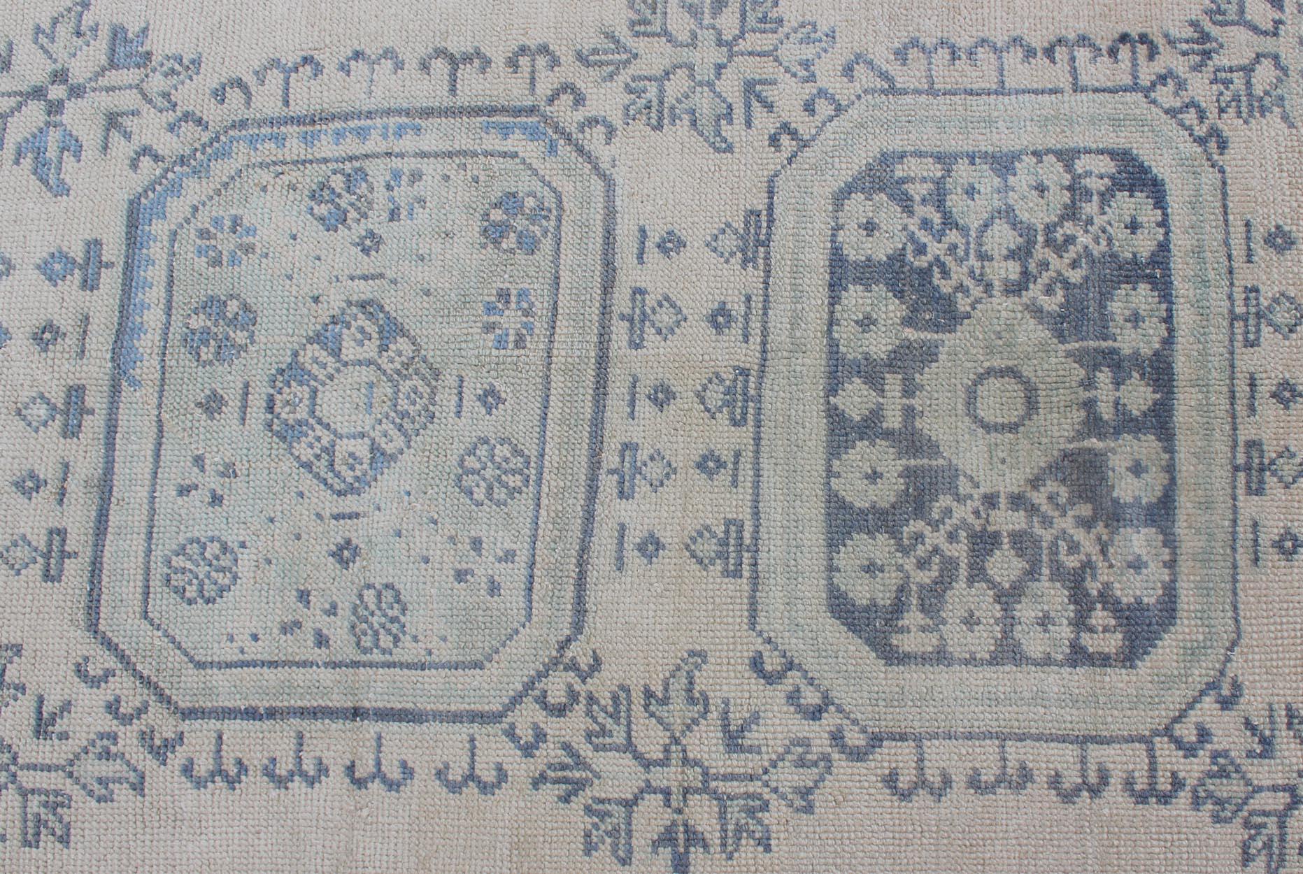 Vintage Turkish Oushak Runner in Faded Blue in Neutral Background For Sale 2