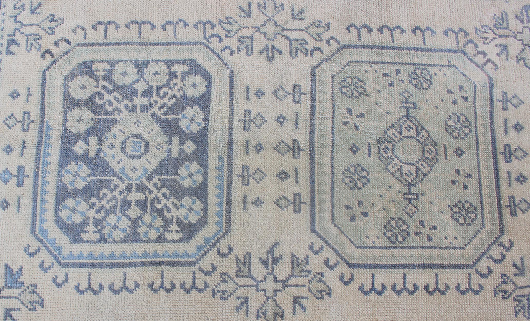 Vintage Turkish Oushak Runner in Faded Blue in Neutral Background For Sale 3