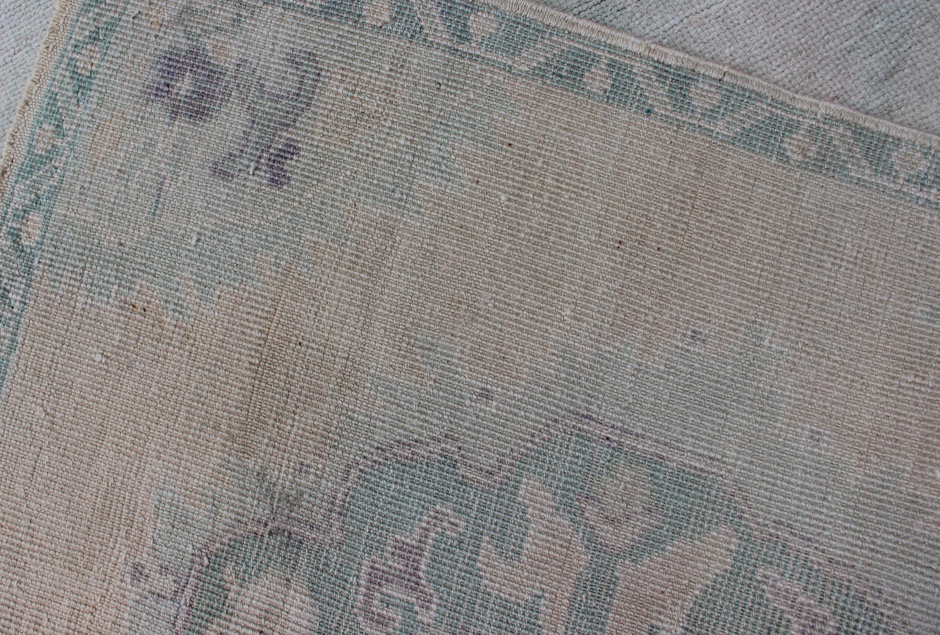 Vintage Turkish Oushak Runner in Faded Green and Blue in Neutral Background For Sale 4