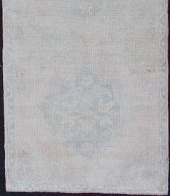 Vintage Turkish Oushak Runner in Faded Green and Blue in Neutral Background