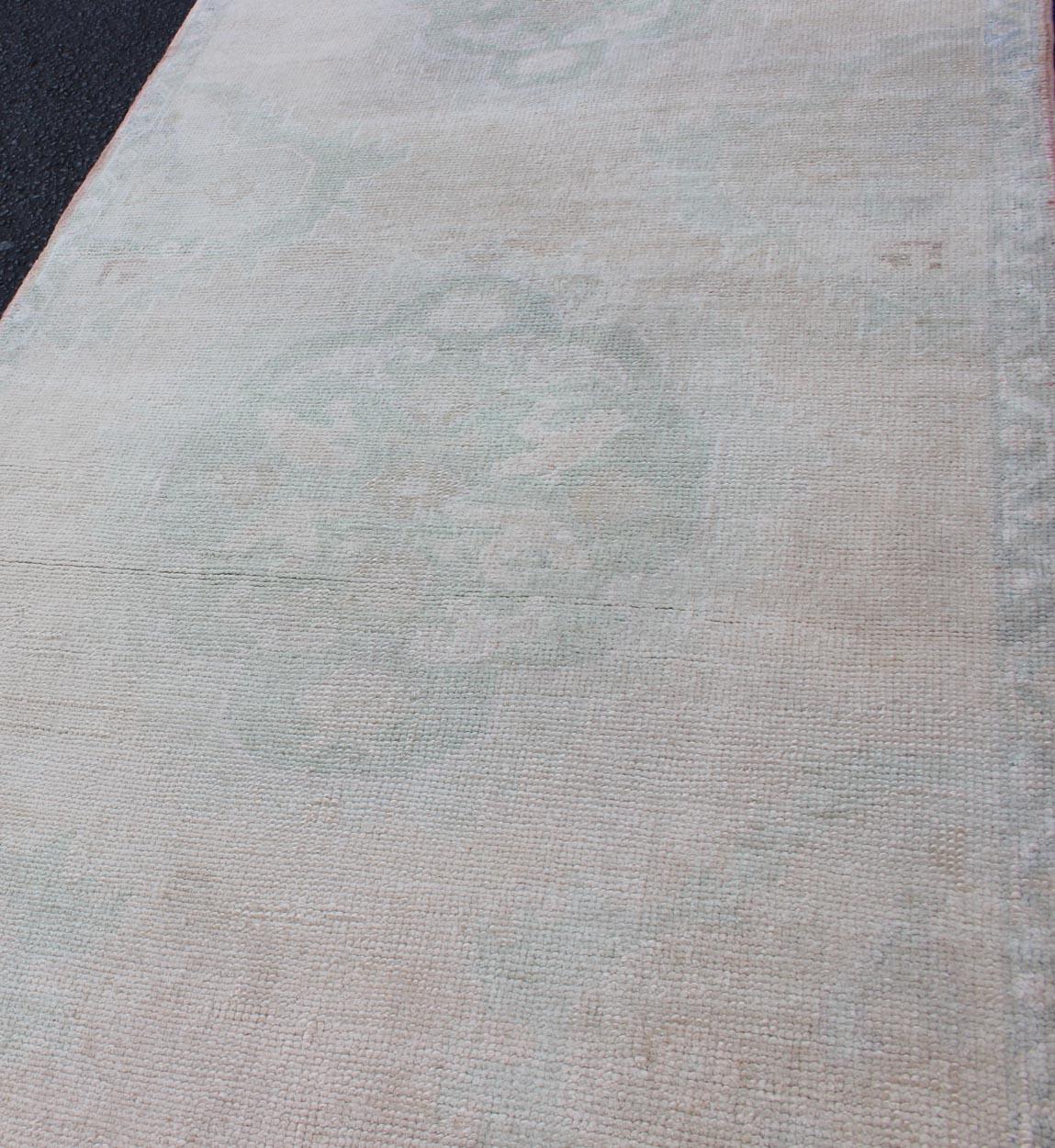Vintage Turkish Oushak Runner in Faded Green and Blue in Neutral Background For Sale 3