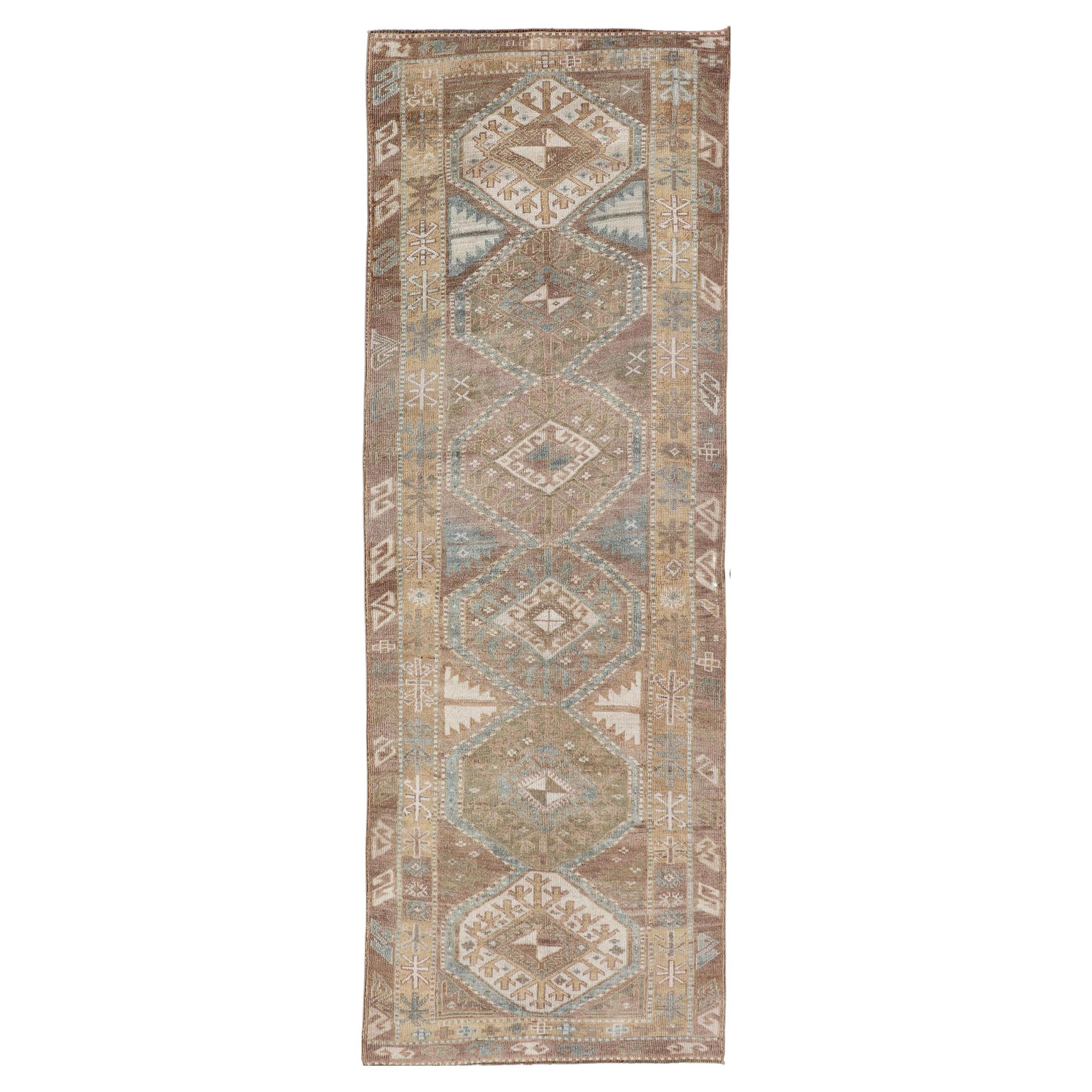 Vintage Turkish Oushak Runner In Geometric Medallions in Earthy Tone 3'7 x 10'8