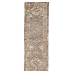 Vintage Turkish Oushak Runner In Geometric Medallions in Earthy Tone 3'7 x 10'8