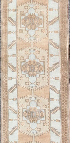 Vintage Turkish Oushak Runner in Light Blue, Warm Beige, and Taupe