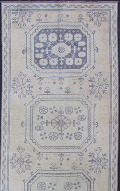 Vintage Turkish Oushak Runner in Medium Blue, Lt. Blue & Tan Background