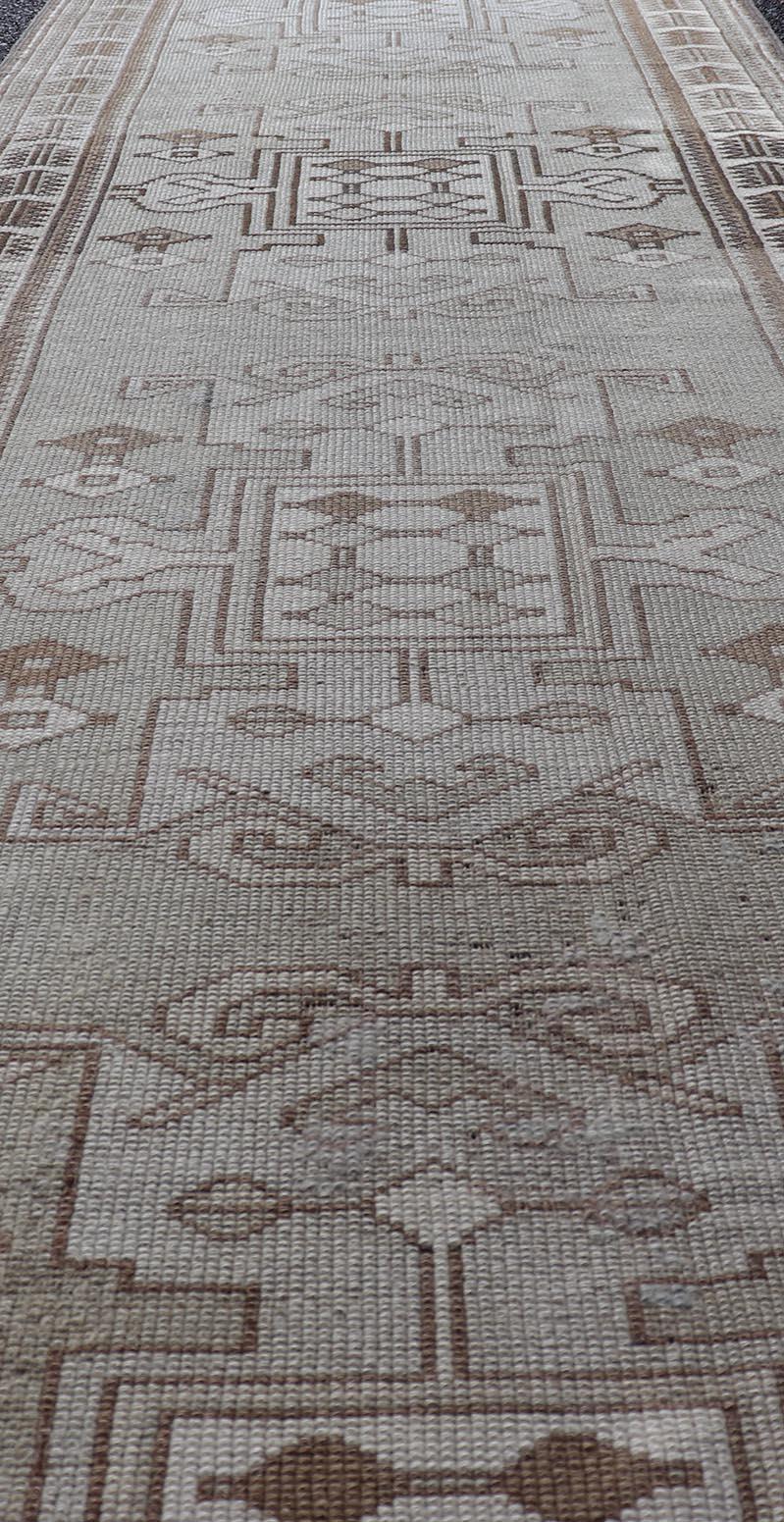 Hand-Knotted Vintage Turkish Oushak Runner in Neutral Tones, Taupe, Grey, Cream, and Brown For Sale