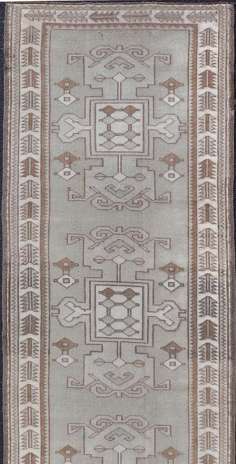 Vintage Turkish Oushak Runner in Neutral Tones, Taupe, Grey, Cream, and Brown For Sale 1