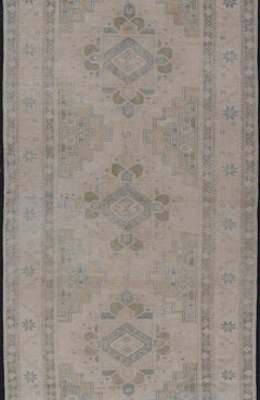 Vintage Turkish Oushak Runner in Neutral Tones, Taupe, Gray Green, Yellow