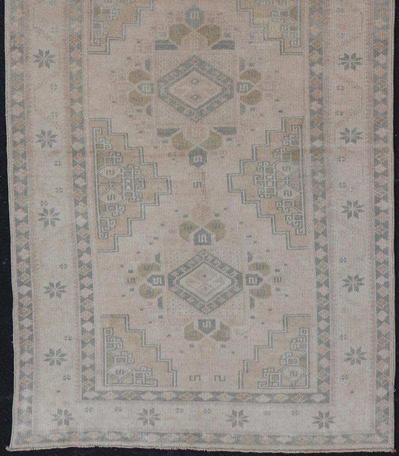 Hand-Knotted Vintage Turkish Oushak Runner in Neutral Tones, Taupe, Gray Green, Yellow For Sale