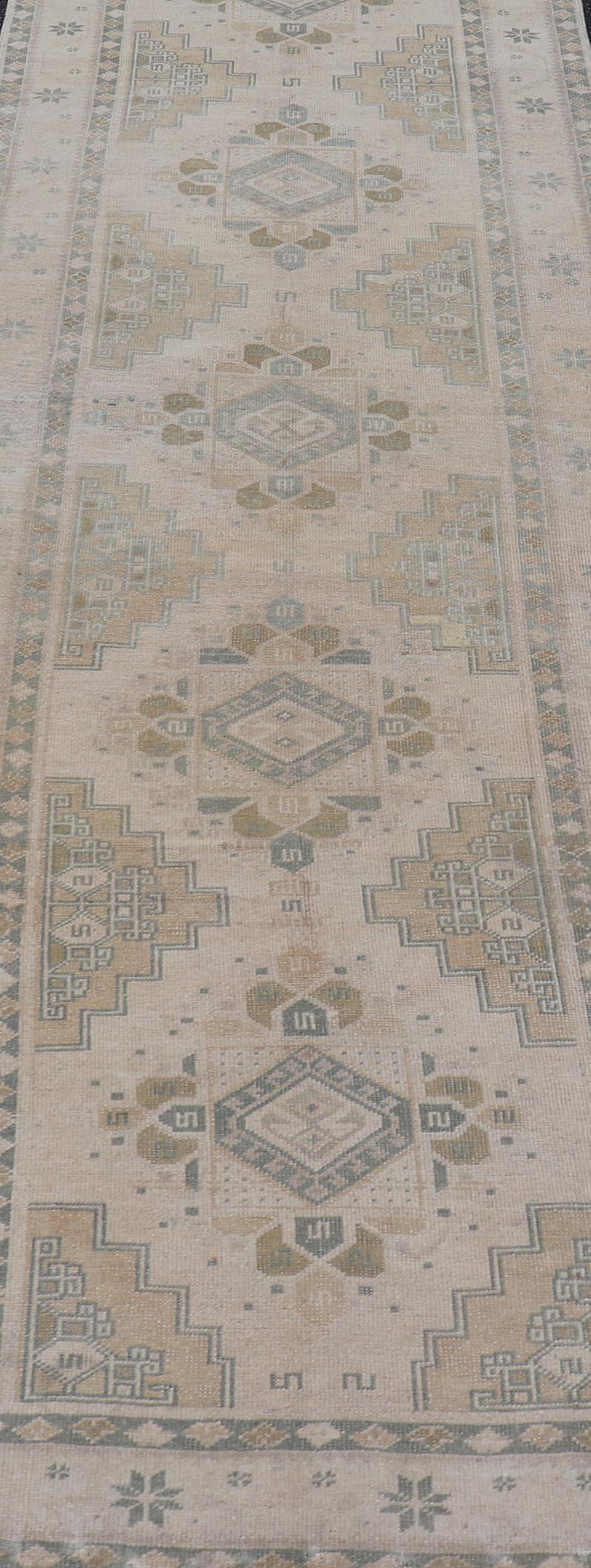 20th Century Vintage Turkish Oushak Runner in Neutral Tones, Taupe, Gray Green, Yellow For Sale