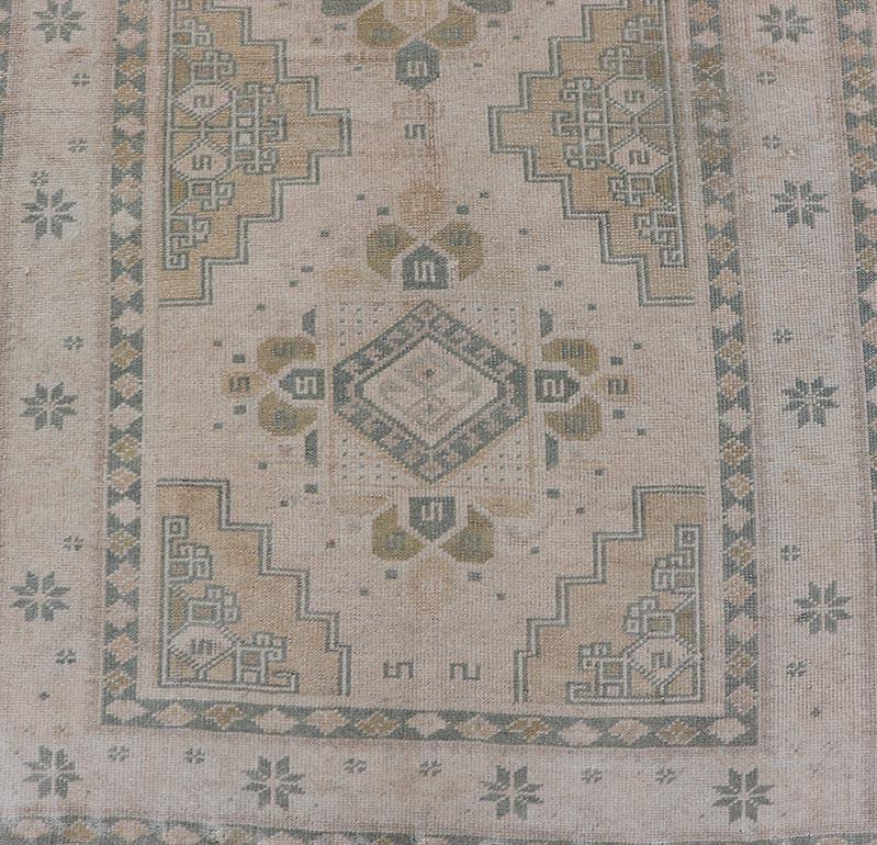 Vintage Turkish Oushak Runner in Neutral Tones, Taupe, Gray Green, Yellow For Sale 1