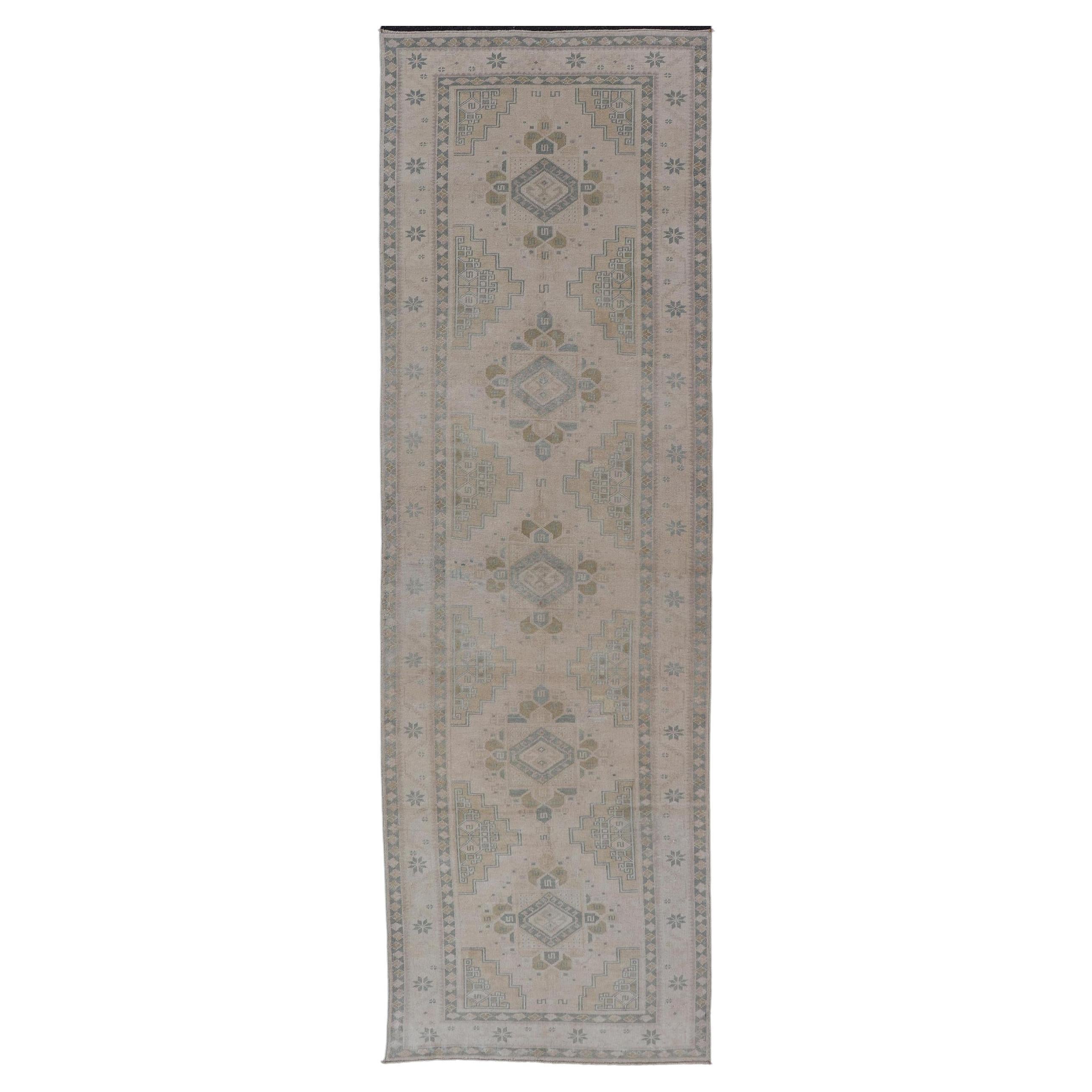 Vintage Turkish Oushak Runner in Neutral Tones, Taupe, Gray Green, Yellow