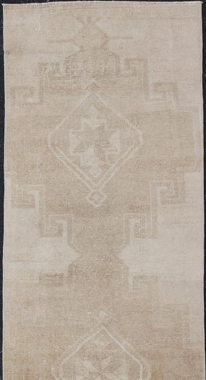 Hand-Knotted Vintage Turkish Oushak Runner in Neutral Tones With Medallion's 3'0 x 11'6 For Sale