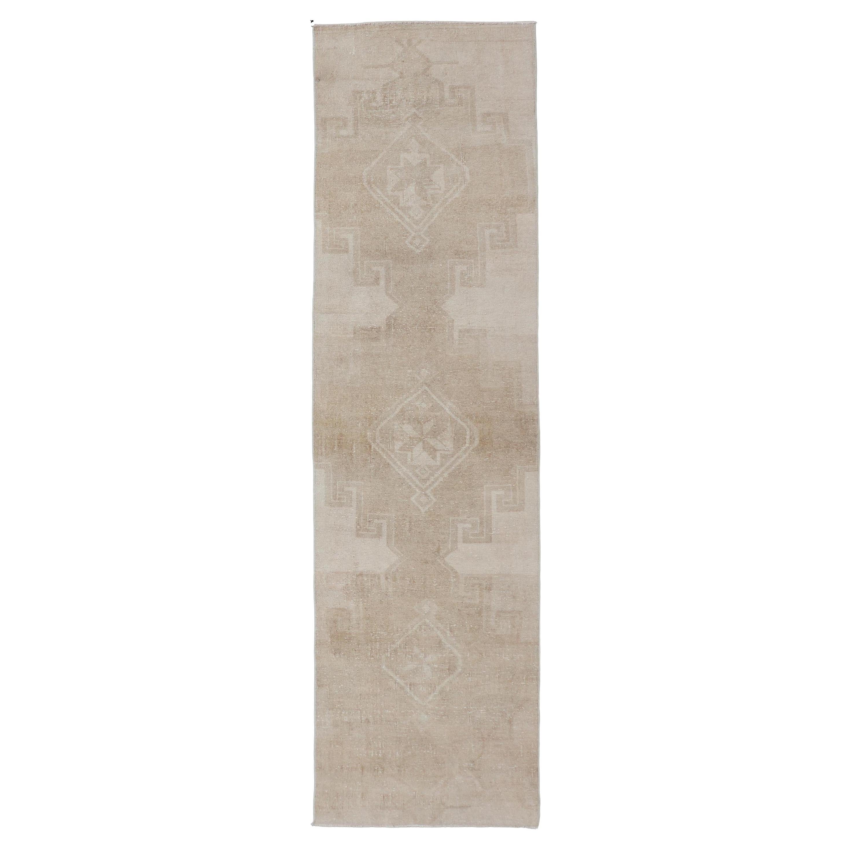 Vintage Turkish Oushak Runner in Neutral Tones With Medallion's 3'0 x 11'6