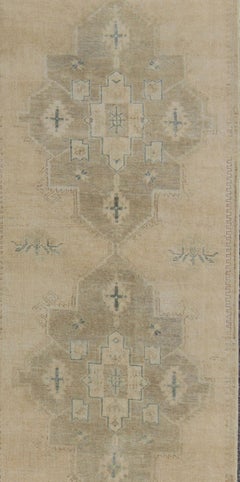 Vintage Turkish Oushak Runner in Neutral & Warm Tones with Tribal Medallions