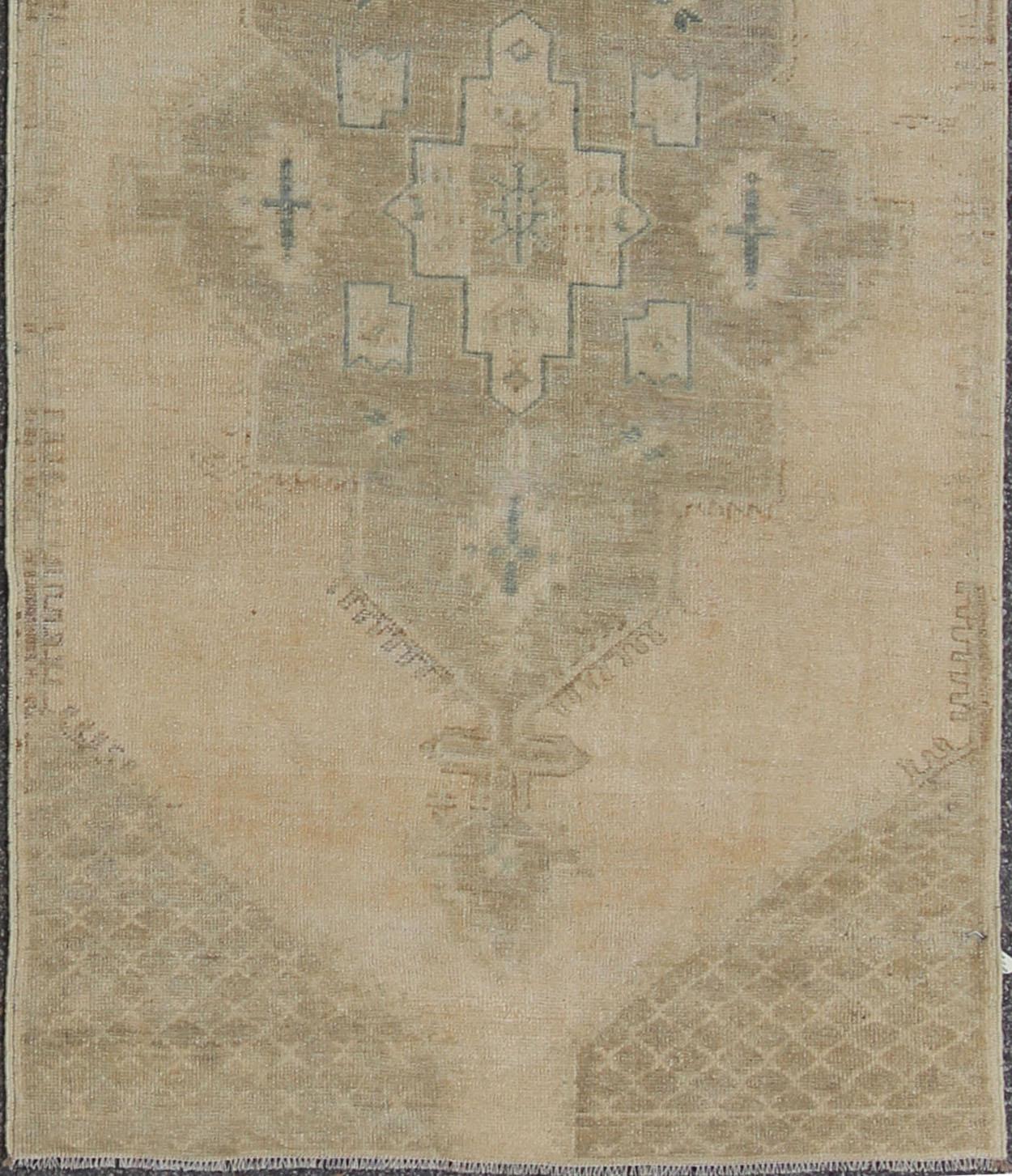 Hand-Knotted Vintage Turkish Oushak Runner in Neutral & Warm Tones with Tribal Medallions For Sale