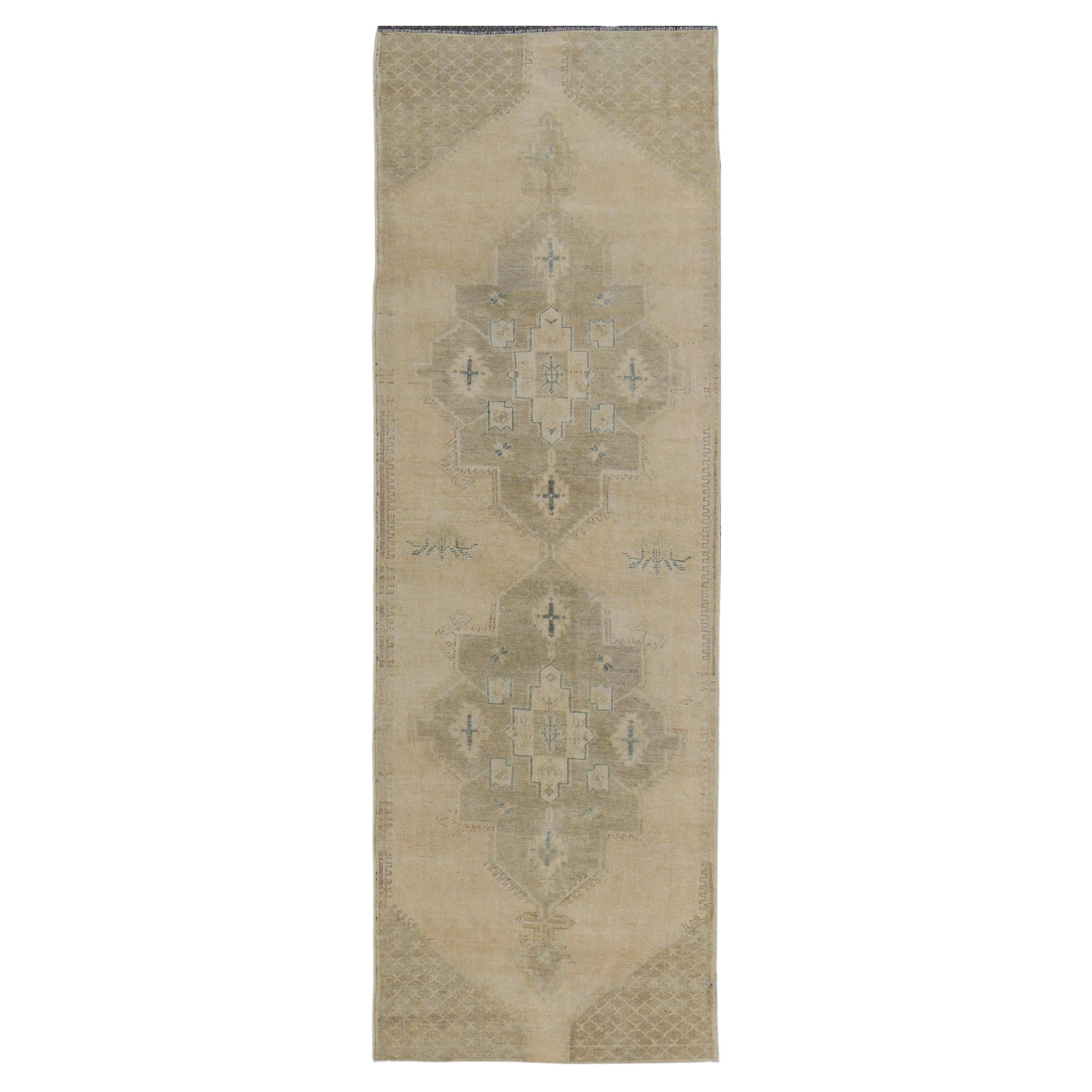 Vintage Turkish Oushak Runner in Neutral & Warm Tones with Tribal Medallions For Sale