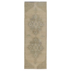 Vintage Turkish Oushak Runner in Neutral & Warm Tones with Tribal Medallions