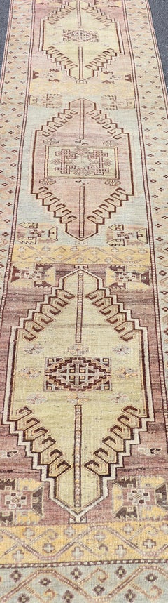 Vintage Turkish Oushak Runner In Pastel Hues and Geometric Elegance 2'5 x 11'1
