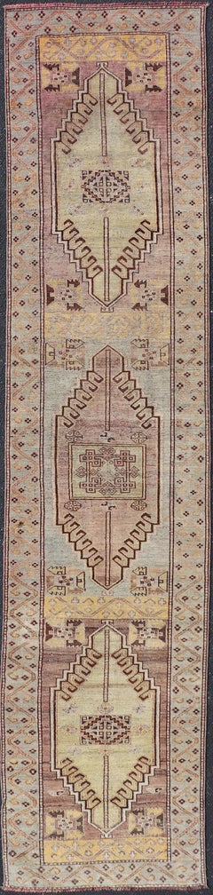 Vintage Turkish Oushak Runner In Pastel Hues and Geometric Elegance 2'5 x 11'1