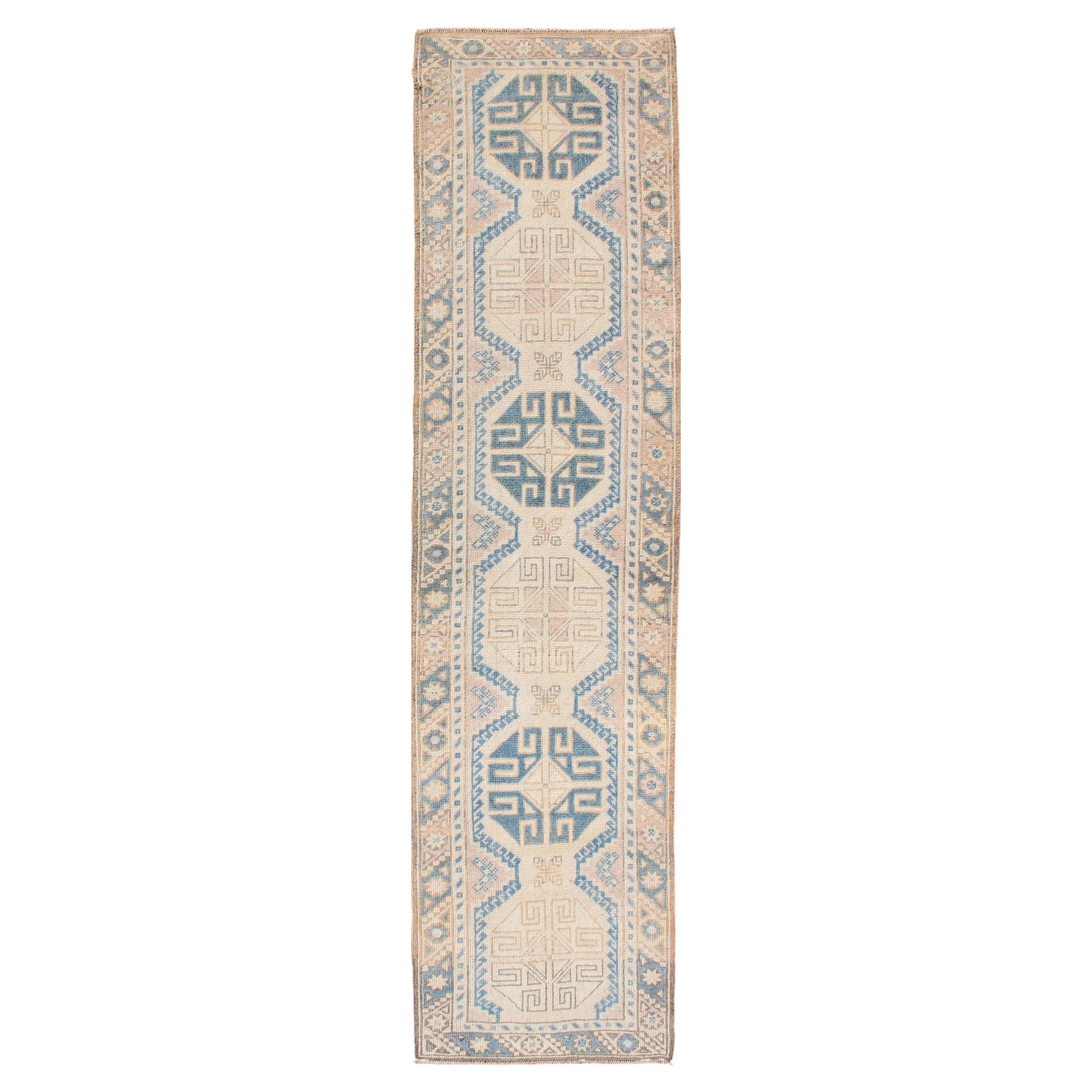 Vintage Turkish Oushak Runner in Soft Blue and Warm Beige Tones For Sale