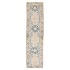 Vintage Turkish Oushak Runner in Soft Blue and Warm Beige Tones