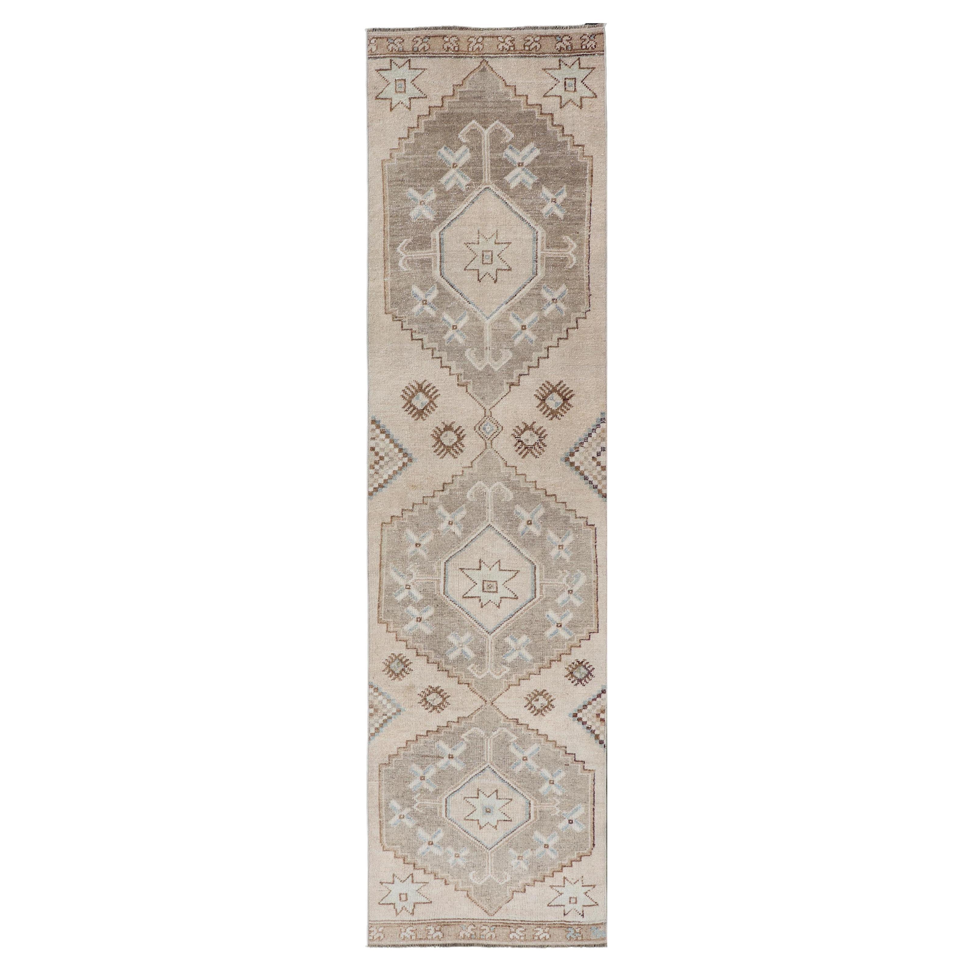 Vintage Turkish Oushak Runner in Soft Earth Toned Medallion 2'3"X9'4"