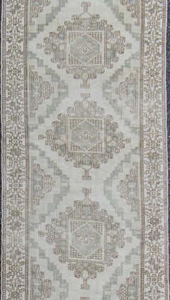 Vintage Turkish Oushak Runner in Soft Ivory, Light Blue, and Taupe 3'0 X 12'3