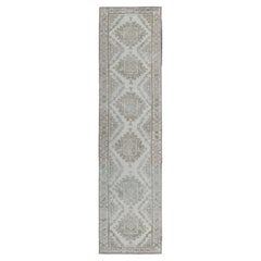 Runner Oushak turco vintage in Avorio, Azzurro e Taupe 3'0 x 12'3