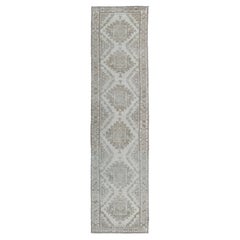 Vintage Turkish Oushak Runner in Soft Ivory, Light Blue, and Taupe 3'0 X 12'3