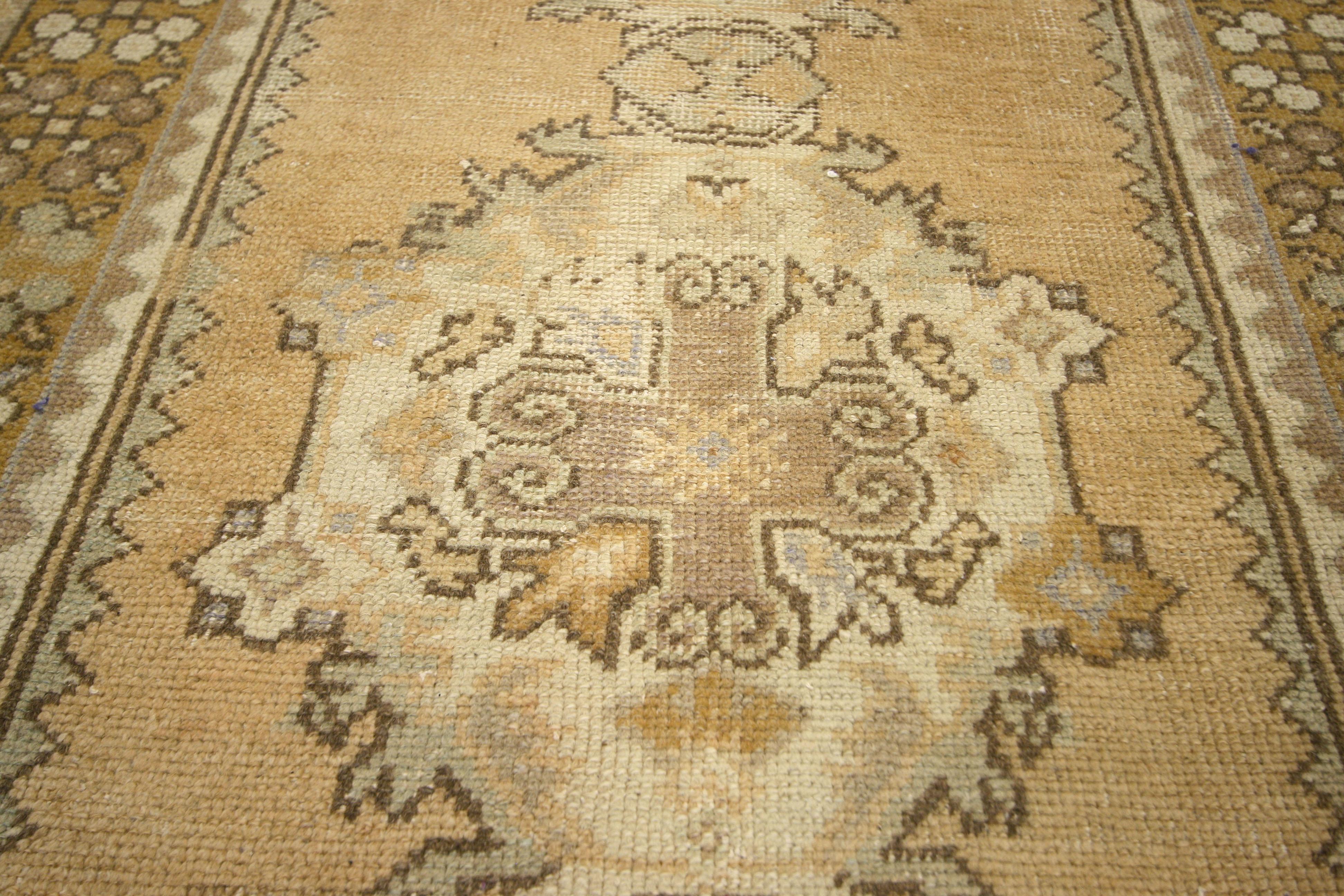 Hand-Knotted Vintage Turkish Oushak Runner in Warm, Neutral Colors, Hallway Runner For Sale